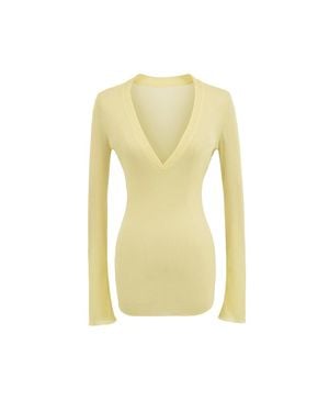 TRUEDAMES Deep V Neck Sheer T-Shirt - Yellow