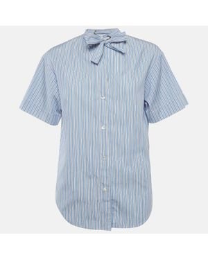 Sandro Striped Cotton Poplin Jacob Neck Tie Shirt - Blue