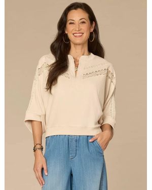 Democracy Embroidered Mandarin Collar Knit Top - Blue