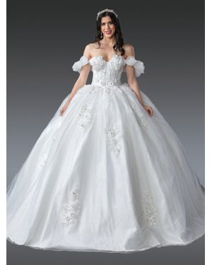 DQ Off-Shoulder Puff Sleeve Wedding Dress With 3D Floral Appliques And Lace-Up Back - Gray