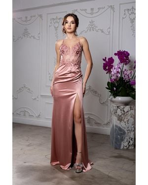 TRUEDAMES Satin Mermaid Gown With Lace Bodice & High Slit Spaghetti Strap Formal Dress - Gray