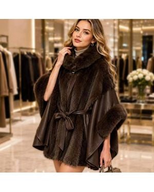 TRUEDAMES Plush Faux Fur Trim Belted Winter Poncho Cape - Brown