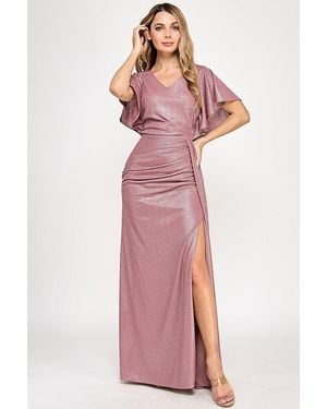 TRUEDAMES Metallic V-Neck Flutter Sleeve Evening Gown With Ruched Waist And High Slit Formal Dress - Blue