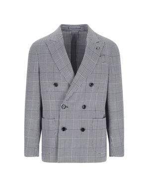 Lardini Pied De Poule Double-Breasted Wool-Blend Blazer - Gray