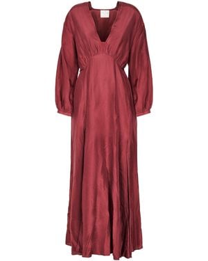forte_forte Burgundy Habotai Silk Midi Dress With Puffed Sleeves - Red