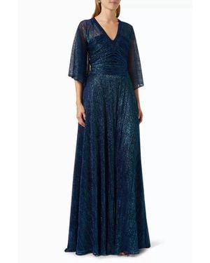 Talbot Runhof Hottie Metallic Voile 3/4 Sleeve V Neck Gown - Blue