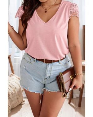 TRUEDAMES Solid V Neck Lace Splicing Back Bowknot T Shirt - Pink