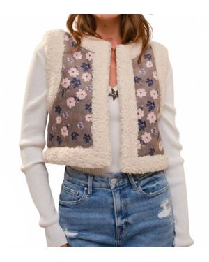 Blue B Sherpa Lining Flower Print Faux Suede Vest - Gray