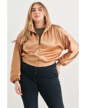 TRUEDAMES Plus Satin Zip-Up Ruched Long Sleeve Cropped Bomber Jacket - Blue