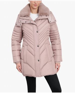 London Fog Zip-Front Hooded Puffer Jacket With Button-Off Fur Collar - Pink