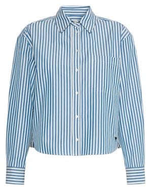 Weekend Cropped Button-Up Shirt With Vertical Stripes And Relaxed Fit - Blue