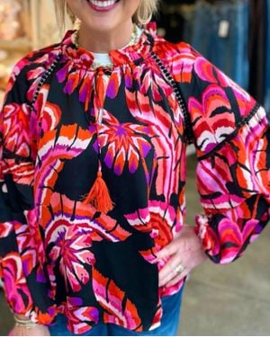 J joy Feather Art Trimmed Peasant Top - Red