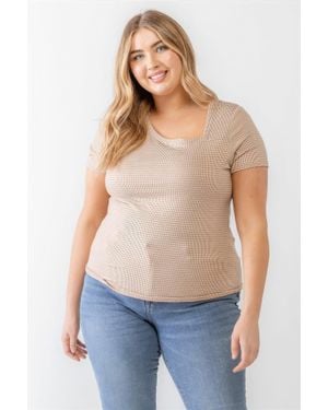TRUEDAMES Plus Taupe Waffle Knit Angled Neck Short Sleeve Top - Blue