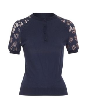 Nina Ricci Viscose Cotton Sheer Floral Sleeve Pullover - Blue