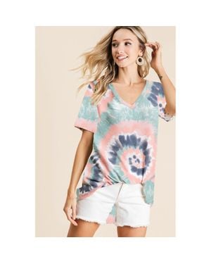 TRUEDAMES Tie Dye Print Terry V Neck Short Sleeve Top - Blue