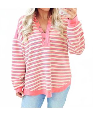 Shewin Collared V Neck Drop Shoulder Top - Pink