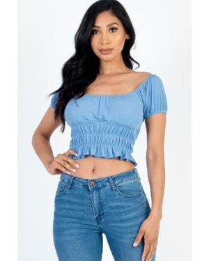 TRUEDAMES Casual Ruched Puff Sleeve Ribbed Knit Solid Top - Blue