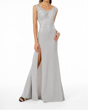 GLS Collective Embroidered Bodice V-Neck Jersey Long Dress - Gray