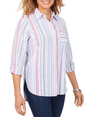 Foxcroft NYC Millie Collared Striped Button-Down Top - White