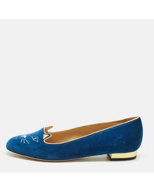 Charlotte Olympia Velvet Kitty Ballet Flats - Blue