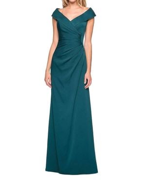La Femme Ruched Wide V Neck Evening Dress - Green