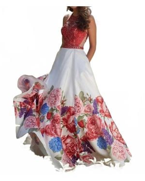 Paparazzi by Mori Lee Beaded Bodice Floral Printed Satin Ball Gown - Red