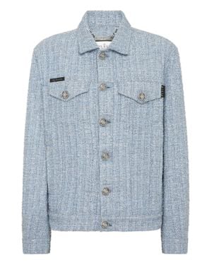 Philipp Plein Tweed Denim Cropped Jacket - Blue