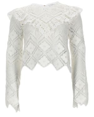 Self-Portrait Cropped Keyhole Button Crochet Top - White