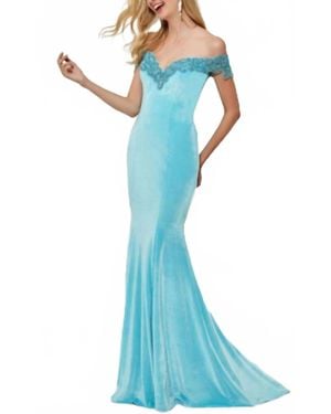 Angela & Alison Velvet Off The Shoulder Dress - Blue