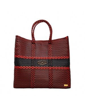 Lolas Bag Medium Woven Striped Regular Strap Tote Bag - Red