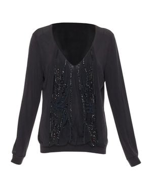 Christian Lacroix Sheer Beaded Butterfly V Neck Top - Black