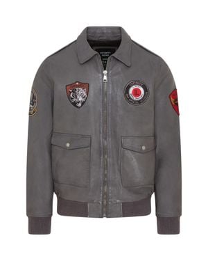 Infinity Leather Leather Bomber G-1 Aviator Collar Jacket - Gray