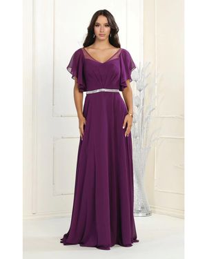 TRUEDAMES V-Neck Bell Sleeve Chiffon A-Line Formal Dress - Purple