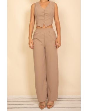 TRUEDAMES Tailored Button Vest With Adjustable Back Tie & Wide Leg Pants Set - Natural