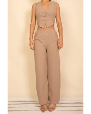 TRUEDAMES Tailored Button Vest With Adjustable Back Tie & Wide Leg Pants Set - Natural
