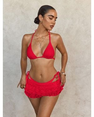 TRUEDAMES Lace Mesh Skirt Cover Up Strappy Halter Three Piece Bikini - Red