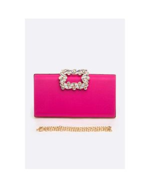 Fashnzfab Crystal Buckle Metallic Box Clutch - Pink