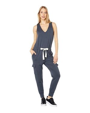 Monrow Jumpsuit Cotton Blend Tapered Leg V-Neck Active Jdm513 - Blue