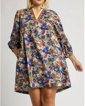 Umgee Floral V-Neck Balloon Sleeve Dress - Blue