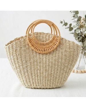 Fashnzfab Structured Round Handle Raffia Woven Tote Handbag - Metallic