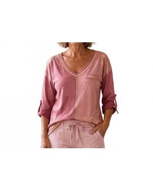 Made In Italy Two Tone Long Sleeve V-Neck Top - Pink