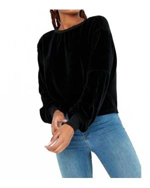 Project Social T Neptune Ruched Sleeve Velour Crew Sweatshirt - Black
