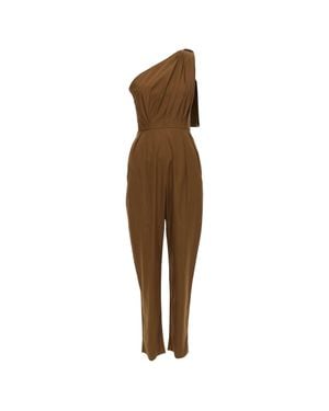 Max Mara Avola Cotton Poplin One Shoulder Leather Trim Jumpsuit - Brown