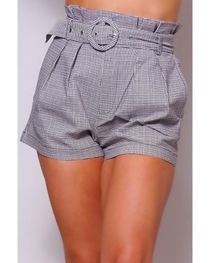 TRUEDAMES High Waisted Pleated & Belted Plaid Shorts - Purple