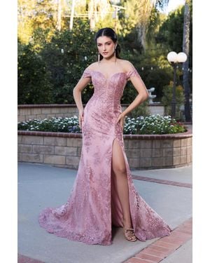 TRUEDAMES Off-Shoulder Embroidered High Slit Evening Gown With Train - Black