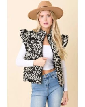 TRUEDAMES Floral Velvet Embroidered Denim Puffer Vest - Blue