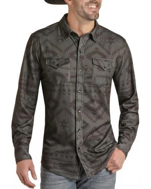 Rock And Roll Cowboy Long Sleeve Knit Print Button Up Shirt - Gray