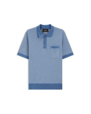 BOSS Cotton-Silk Knit Polo With Geometric Pattern - Blue