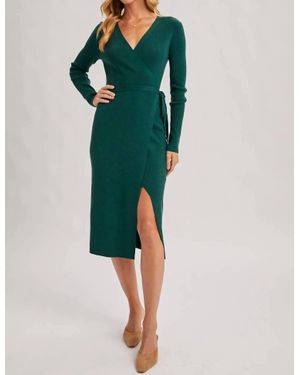 Bluivy Ribbed Knit V-Neck Wrapped Midi Dress - Green