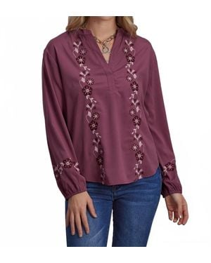 Roper Long Sleeve Embroidered Wine Blouse